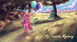 Size: 4196x2292 | Tagged: safe, artist:stratodraw, character:gummy, character:pinkie pie, oc, species:earth pony, species:pony, acoustic guitar, balloon, female, forest, guitar, male, mare, musical instrument, ponyville, smiling, stallion, tree
