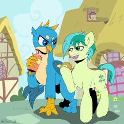 Size: 1000x1000 | Tagged: safe, artist:sozglitch, character:gallus, character:sandbar, species:earth pony, species:griffon, species:pony, burger, claws, cutie mark, drink, food, hay burger, male, paws, teenager