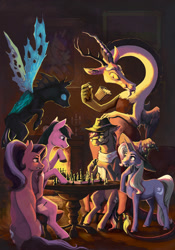 Size: 1400x2000 | Tagged: safe, artist:28gooddays, character:discord, character:starlight glimmer, character:thorax, character:trixie, oc, species:changeling, species:draconequus, species:pony, species:unicorn, candle, chair, chess, clothing, colored hooves, couch, eating, female, fireplace, flying, food, hat, levitation, magic, male, mare, painting, popcorn, scarf, sitting, table, telekinesis