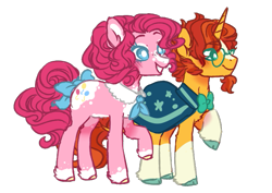 Size: 731x519 | Tagged: safe, artist:s1nb0y, base used, character:pinkie pie, character:sunburst, species:classical unicorn, species:pony, species:unicorn, alternate hairstyle, bow, bow tie, cloven hooves, colored hooves, female, leonine tail, male, no pupils, pinkieburst, shipping, simple background, straight, tail bow, transparent background, unshorn fetlocks