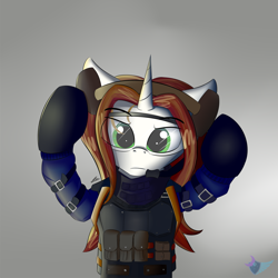 Size: 1500x1500 | Tagged: safe, artist:lunar froxy, oc, oc only, oc:light landstrider, species:pony, species:unicorn, armor, commission, crossover, eye clipping through hair, male, rainbow six siege, solo, stallion, ying