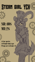 Size: 3240x5760 | Tagged: safe, artist:shamziwhite, species:anthro, species:unguligrade anthro, advertisement, auction, breasts, cane, cleavage, clothing, commission, female, gears, glasses, gloves, hat, long gloves, looking at you, smiling, solo, standing, steampunk, stockings, thigh highs, your character here