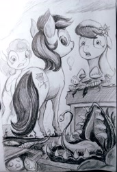 Size: 2031x2969 | Tagged: safe, artist:ponsce, character:daisy, character:lily, character:lily valley, character:roseluck, species:earth pony, species:pony, g4, carnivore plant, female, flower trio, mare, monochrome, mushroom, plot, sketch, traditional art