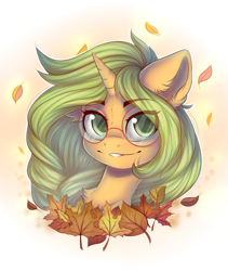 Size: 1509x1788 | Tagged: safe, artist:falafeljake, oc, oc only, oc:honey nevaeh, species:pony, species:unicorn, glasses, head, leaves, solo, ych result