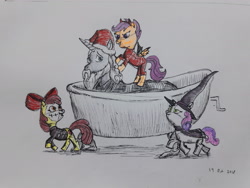 Size: 3264x2448 | Tagged: safe, artist:rockhoppr3, character:apple bloom, character:scootaloo, character:star swirl the bearded, character:sweetie belle, species:pegasus, species:pony, barrel, bathtub, cutie mark crusaders, kidnapped, lock, shock, the nightmare before christmas, traditional art