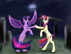 Size: 2820x2130 | Tagged: safe, artist:renarde-louve, character:moondancer, character:twilight sparkle, character:twilight sparkle (alicorn), species:alicorn, species:pony, ship:twidancer, bipedal, dancing, female, lesbian, moon, shipping, stonehenge