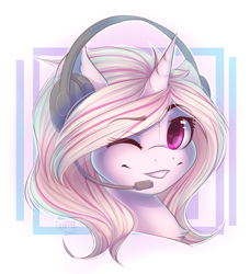 Size: 1885x2071 | Tagged: safe, artist:falafeljake, oc, oc only, oc:dixie, species:pony, species:unicorn, female, headphones, headset, one eye closed, smiling, solo, wink, ych result