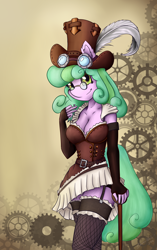 Size: 3240x5160 | Tagged: safe, artist:shamziwhite, oc, oc only, oc:taffy fizzlespark, species:anthro, absurd resolution, breasts, cane, cleavage, clothing, commission, curly hair, female, gears, glasses, gloves, hat, long gloves, long hair, ruffles, smiling, solo, standing, steampunk, stockings, thigh highs, ych result