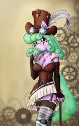 Size: 3240x5160 | Tagged: safe, alternate version, artist:shamziwhite, oc, oc only, oc:taffy fizzlespark, species:anthro, breasts, cane, cleavage, clothing, commission, curly hair, female, gears, glasses, gloves, hat, long gloves, long hair, mechanic, metal, prosthetic leg, ruffles, smiling, socks, solo, standing, steampunk, stockings, thigh highs, ych result