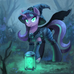 Size: 2000x2000 | Tagged: safe, artist:asimos, character:starlight glimmer, species:pony, species:unicorn, cape, clothing, costume, female, halloween, halloween costume, hat, holiday, magic, mare, no pupils, smiling, solo, witch, witch hat