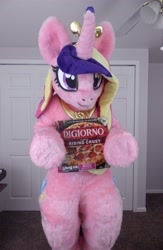 Size: 1337x2047 | Tagged: safe, artist:qtpony, photographer:qtpony, character:princess cadance, cadance's pizza delivery, defictionalization, digiorno, food, fursuit, irl, meat, peetzer, pepperoni, pepperoni pizza, photo, pizza, ponysuit, smiling, solo, standing