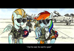 Size: 2096x1456 | Tagged: safe, artist:buckweiser, character:lightning dust, character:rainbow dash, character:sunshower raindrops, character:thunderlane, aircraft, clothing, crossover, f-14 tomcat, fighter, flight suit, jet, jet fighter, plane, ponified, sunglasses, top gun