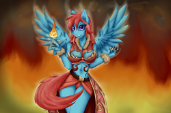 Size: 1630x1080 | Tagged: safe, artist:shamziwhite, oc, oc only, oc:wind raider, species:anthro, species:pegasus, species:pony, anthro oc, breasts, claws, cleavage, clothing, female, fire, fireball, looking at you, mare, solo, spread wings, standing, wings, ych result
