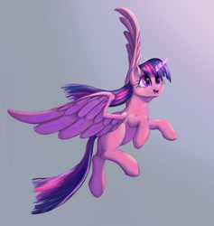 Size: 1110x1169 | Tagged: safe, artist:stratodraw, character:twilight sparkle, character:twilight sparkle (alicorn), species:alicorn, species:pony, female, flying, happy, mare, open mouth, simple background, smiling, solo