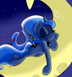 Size: 2731x2917 | Tagged: safe, artist:catlion3, character:princess luna, species:alicorn, species:pony, crescent moon, female, floating wings, meteor, moon, sleeping, smiling, solo, stars, tangible heavenly object, transparent moon