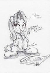 Size: 469x684 | Tagged: safe, artist:buckweiser, character:starlight glimmer, species:pony, species:unicorn, eating, everything is ruined, female, food, ink drawing, mare, messy eating, monochrome, pineapple pizza, pizza, pizza box, pure unfiltered evil, simple background, sitting, sketch, solo, text, that pony sure does love pineapple pizza, traditional art, white background
