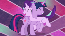 Size: 3840x2160 | Tagged: safe, artist:famousmari5, artist:kuco, edit, character:starlight glimmer, character:twilight sparkle, character:twilight sparkle (alicorn), species:alicorn, species:pony, species:unicorn, episode:uncommon bond, g4, my little pony: friendship is magic, cute, eyes closed, glimmerbetes, happy, hug, open mouth, smiling, teacher and student, twiabetes, wallpaper, wallpaper edit