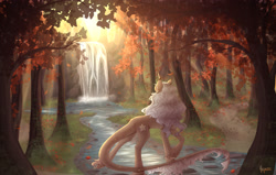 Size: 3300x2096 | Tagged: safe, artist:monogy, oc, oc only, oc:sunflower, species:pony, species:unicorn, crepuscular rays, female, forest, leaves, mare, river, solo, stream, tree, waterfall