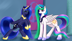 Size: 3840x2160 | Tagged: safe, artist:renarde-louve, character:princess celestia, character:princess luna, species:alicorn, species:pony, ;p, accessory swap, blep, horn, one eye closed, rearing, royal sisters, silly, tongue out, wings, wink