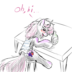 Size: 700x700 | Tagged: safe, artist:snus-kun, character:berry punch, character:berryshine, species:earth pony, species:pony, alcohol, blushing, bottle, drunk, female, mare, messy mane, sitting, solo, table