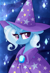 Size: 899x1300 | Tagged: safe, artist:sonnatora, character:trixie, species:pony, species:unicorn, cape, clothing, female, hat, lidded eyes, looking at you, mare, simple background, smiling, solo, trixie's cape, trixie's hat