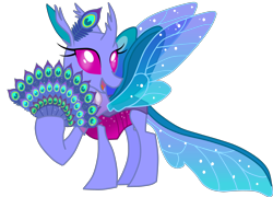 Size: 3632x2612 | Tagged: safe, artist:shadymeadow, oc, oc only, oc:swarmdra, species:changeling, species:reformed changeling, female, hand fan, peacock feathers, simple background, solo, transparent background