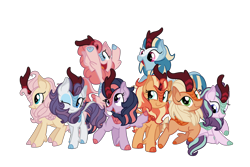 Size: 2400x1600 | Tagged: safe, artist:andromedasparkz, character:applejack, character:fluttershy, character:pinkie pie, character:rainbow dash, character:rarity, character:starlight glimmer, character:sunset shimmer, character:twilight sparkle, species:kirin, applekirin, cloven hooves, colored hooves, female, group photo, kirin fluttershy, kirin pinkie, kirin rainbow dash, kirin rarity, kirin starlight, kirin sunset, kirin twilight, kirin-ified, mane eight, mane six, simple background, species swap, transparent background