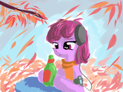 Size: 800x600 | Tagged: safe, artist:snus-kun, character:berry punch, character:berryshine, species:earth pony, species:pony, bottle, clothing, female, headphones, leaves, mare, mp3 player, scarf, solo
