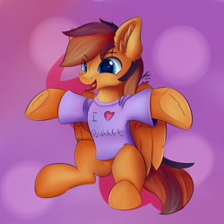 Size: 1500x1500 | Tagged: safe, artist:lunar froxy, oc, oc only, oc:autumn (darky) nights, species:pegasus, species:pony, clothing, ear fluff, eye clipping through hair, frog (hoof), happy, shirt, simple background, smiling, solo, underhoof