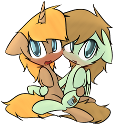 Size: 1029x1123 | Tagged: safe, artist:lofis, oc, oc:mint chocolate, oc:slypai, species:pegasus, species:pony, species:unicorn, 2019 community collab, derpibooru community collaboration, awkward, blushing, couple, cuddling, female, femboy, flustered, friends, horn, hug, looking at you, male, mare, simple background, snuggling, stallion, transparent background, wings
