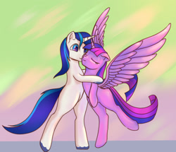 Size: 2369x2042 | Tagged: safe, artist:stratodraw, character:shining armor, character:twilight sparkle, character:twilight sparkle (alicorn), species:alicorn, species:pony, species:unicorn, bipedal, brother and sister, eyes closed, female, hug, male, mare, missing cutie mark, siblings, smiling, stallion