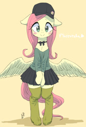 Size: 1000x1480 | Tagged: safe, artist:yanamosuda, character:fluttershy, species:pegasus, species:pony, bipedal, blushing, boots, cap, clothing, cute, female, hat, looking at you, mare, pleated skirt, shirt, shoes, simple background, skirt, solo, thigh boots, yellow background