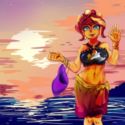 Size: 1000x1000 | Tagged: safe, artist:sozglitch, character:sunset shimmer, g4, my little pony: equestria girls, my little pony:equestria girls, belly button, clothing, female, handbag, looking at you, midriff, sarong, smiling, solo, summer sunset, sun, swimsuit, water, waving