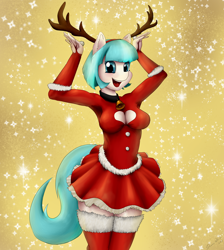 Size: 2900x3240 | Tagged: safe, artist:shamziwhite, character:coco pommel, species:anthro, species:earth pony, species:pony, adorasexy, breasts, christmas, cleavage, clothing, cocobetes, costume, cute, female, glitter, happy, holiday, horns, looking at you, mare, miniskirt, santa costume, sexy, skirt, smiling, solo, standing, stockings, suit, thigh highs, zettai ryouiki