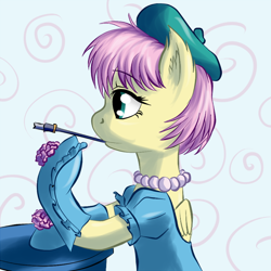 Size: 700x700 | Tagged: safe, artist:snus-kun, character:fluttershy, species:pegasus, species:pony, abstract background, alternate hairstyle, audrey hepburn, beret, cigarette, cigarette holder, female, jewelry, mare, necklace, pearl necklace, profile, short hair, smoking, solo