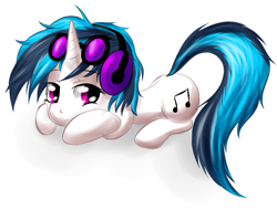 Size: 1024x768 | Tagged: safe, artist:snus-kun, character:dj pon-3, character:vinyl scratch, species:pony, species:unicorn, female, headphones, mare, prone, simple background, solo, white background