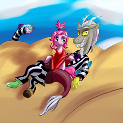 Size: 1000x1000 | Tagged: safe, artist:snus-kun, character:discord, character:pinkie pie, character:princess celestia, species:earth pony, species:pony, alternate hairstyle, beetlejuice, clothing, desert, female, grin, male, mare, parody, smiling, tim burton, worm