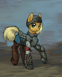 Size: 1280x1581 | Tagged: safe, artist:asimos, part of a set, character:applejack, species:pony, alternate hairstyle, armor, boots, female, helmet, looking at you, shoes, shotgun shell, solo, wip