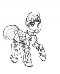 Size: 1280x1581 | Tagged: safe, artist:asimos, part of a set, character:applejack, species:pony, alternate hairstyle, armor, boots, female, grayscale, helmet, looking at you, monochrome, shoes, shotgun shell, simple background, solo, white background