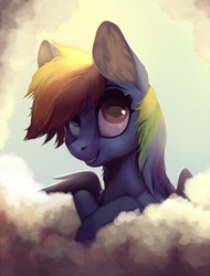 Size: 759x1000 | Tagged: safe, artist:28gooddays, character:rainbow dash, species:pegasus, species:pony, backlighting, cloud, cute, female, mare, smiling, solo, wings