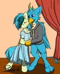 Size: 1347x1676 | Tagged: safe, artist:starrypallet, character:gallus, character:sandbar, species:earth pony, species:griffon, species:pony, ship:gallbar, blushing, clothing, crossdressing, dress, eyes closed, gay, interspecies, male, paws, shipping