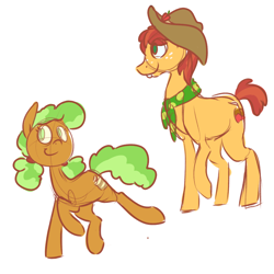 Size: 1000x1000 | Tagged: safe, artist:ponygoggles, species:earth pony, species:pony, episode:apple family reunion, g4, my little pony: friendship is magic, clothing, duo, freckles, hat, raised hoof, simple background, smiling, white background
