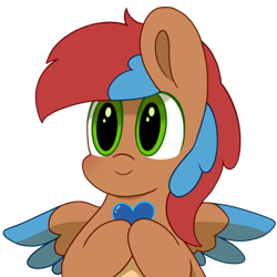 Size: 500x500 | Tagged: safe, artist:redquoz, oc, oc only, oc:allegra mazarine, species:pegasus, species:pony, bipedal, blue heart, blushing, bust, chibi, female, green eyes, mare, medibang paint, paintstorm studio, simple background, smiling, spread wings, transparent background, two toned mane, two toned wings, wings