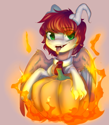 Size: 2125x2440 | Tagged: safe, artist:falafeljake, oc, oc:eri rebecula, claws, dracaven, eye clipping through hair, fangs, fire, horns, necktie, original species, pumpkin, solo, tongue out, wings, ych result