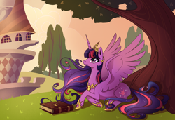 Size: 2000x1370 | Tagged: safe, artist:28gooddays, character:twilight sparkle, character:twilight sparkle (alicorn), species:alicorn, species:pony, book, bookends, canterlot, ethereal mane, female, hilarious in hindsight, jewelry, looking up, mare, possible spoilers, princess twilight 2.0, prone, regalia, series finale, smiling, solo, spread wings, tree, ultimate twilight, wings