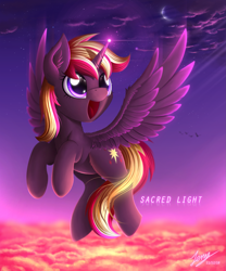 Size: 2081x2500 | Tagged: safe, artist:duskie-06, oc, oc:sacred light, species:alicorn, species:pony, alicorn oc, birthday gift art, female, happy, high res, magic, open mouth, signature, solo