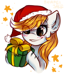 Size: 2307x2617 | Tagged: safe, artist:falafeljake, oc, oc only, oc:silver hush, species:pony, blushing, christmas, clothing, cute, female, hat, holiday, mare, ocbetes, present, santa hat, simple background, smiling, solo, white background