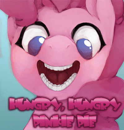 Size: 400x422 | Tagged: safe, artist:ronniesponies, character:pinkie pie, species:earth pony, species:pony, animated, bust, female, gif, human teeth, imminent vore, looking at you, looking down, low angle, mare, mawshot, no pupils, open mouth, smiling, solo, text