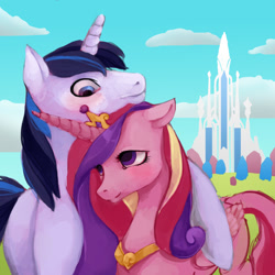 Size: 1280x1280 | Tagged: dead source, safe, artist:ronniesponies, character:princess cadance, character:shining armor, species:alicorn, species:pony, species:unicorn, ship:shiningcadance, blushing, crystal empire, female, hug, husband and wife, male, mare, married couple, neck nuzzle, no catchlights, shipping, stallion, straight