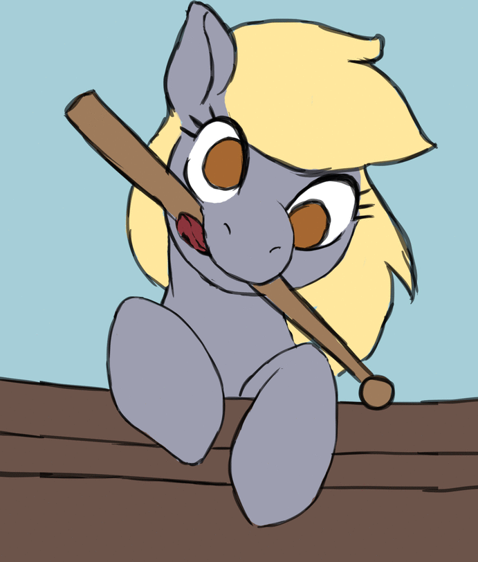 Size: 691x812 | Tagged: safe, artist:ronniesponies, character:derpy hooves, animated, blue background, derpy being derpy, eye clipping through hair, female, flag pole, frame by frame, gif, head shake, mouth hold, no pupils, simple background, solo, tongue out